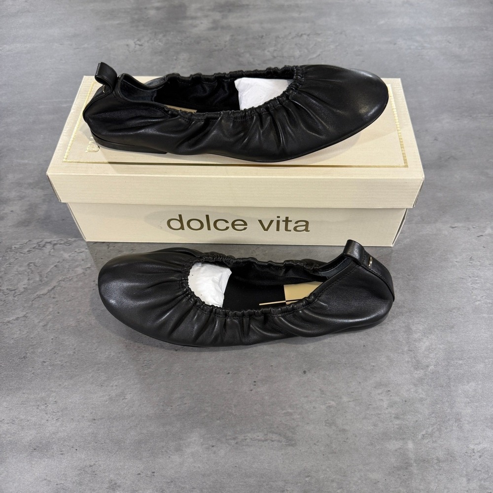 Dolce Vita Ballet Flats 9 Conrad Black Leather Slip On Ruched Elastic NEW $135
